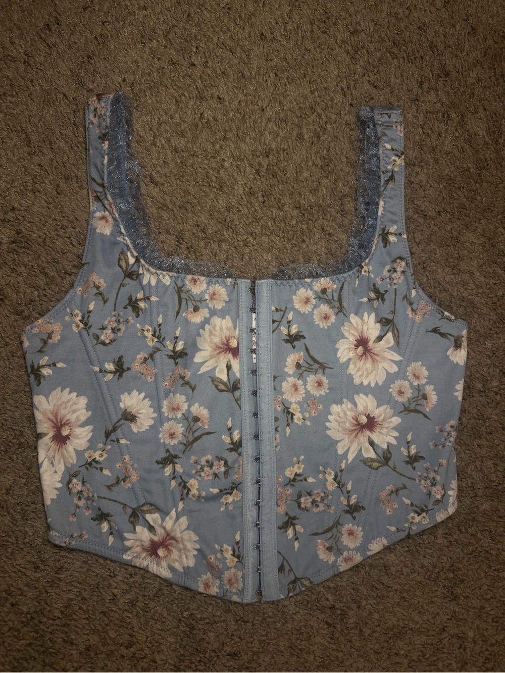 Altar'd State Blue Floral Lace-Trim Corset Crop Top